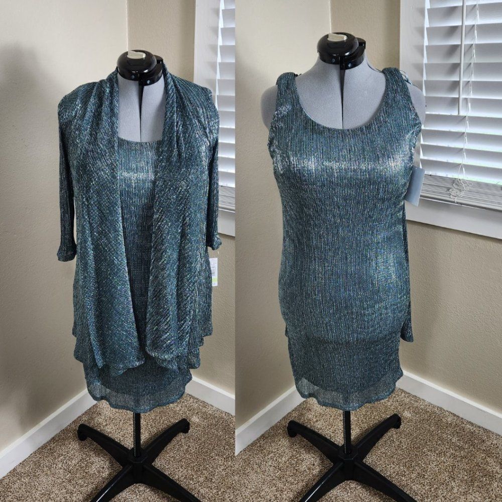 R&M Richards 2 Piece Set Jacket and Dress Metallic Blue Size 4P NWT